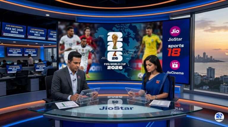 JioStar and Sports 18 broadcasters discussing FIFA World Cup 2026 media rights in a Mumbai studio with the city skyline and World Cup logo visible.