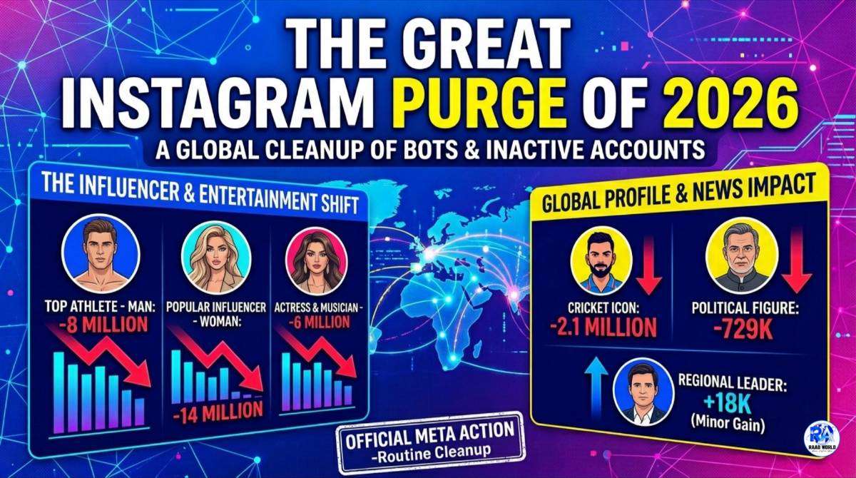 A detailed infographic titled "The Great Instagram Purge of 2026" showing global follower losses for athletes, influencers, and political figures due to a bot cleanup by Meta.