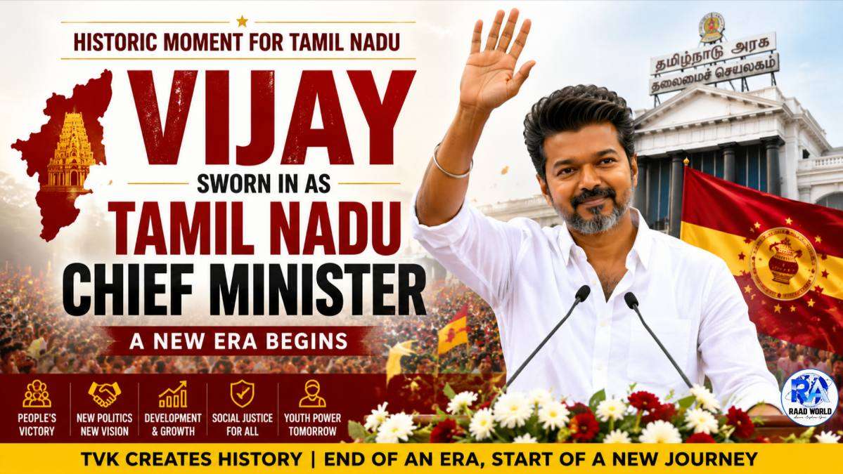 Tamil Nadu Chief Minister Vijay waving to supporters during oath ceremony after TVK’s historic 2026 election victory in Chennai