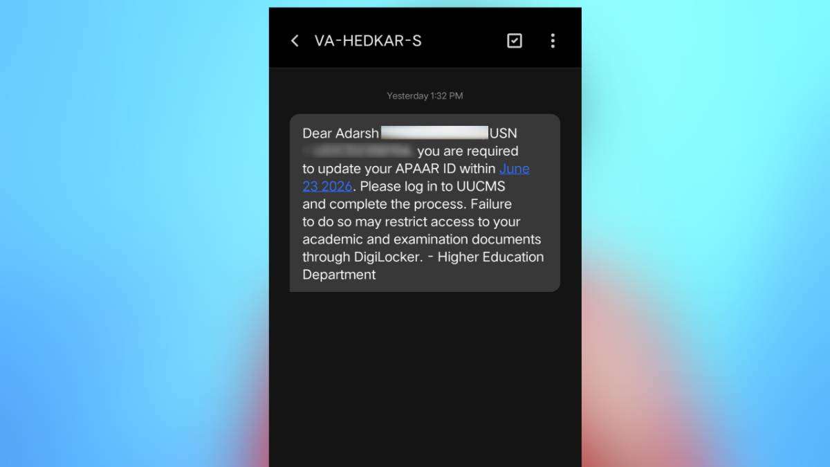 Screenshot of an APAAR ID update reminder SMS sent by the Higher Education Department asking students to update their APAAR ID through the UUCMS portal.