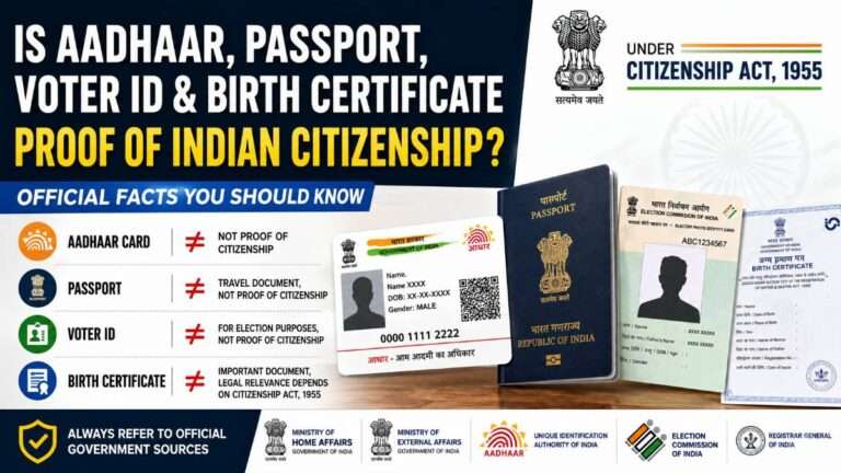 Featured infographic comparing Aadhaar Card, Passport, Voter ID and Birth Certificate, explaining their official role under the Citizenship Act, 1955 and whether they serve as proof of Indian citizenship.