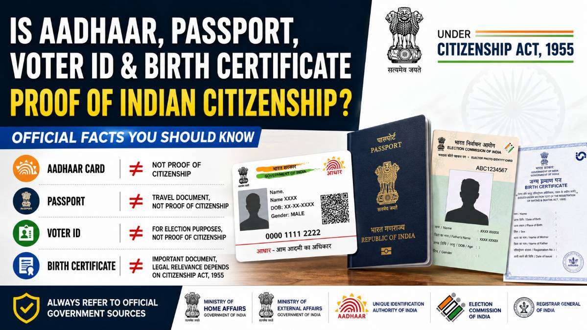 Featured infographic comparing Aadhaar Card, Passport, Voter ID and Birth Certificate, explaining their official role under the Citizenship Act, 1955 and whether they serve as proof of Indian citizenship.
