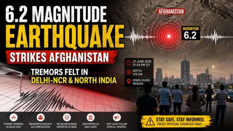 the 6.2 magnitude Afghanistan earthquake with the epicentre in the Hindu Kush region, highlighting tremors felt across Delhi-NCR and northern India, along with official earthquake details and public safety information.