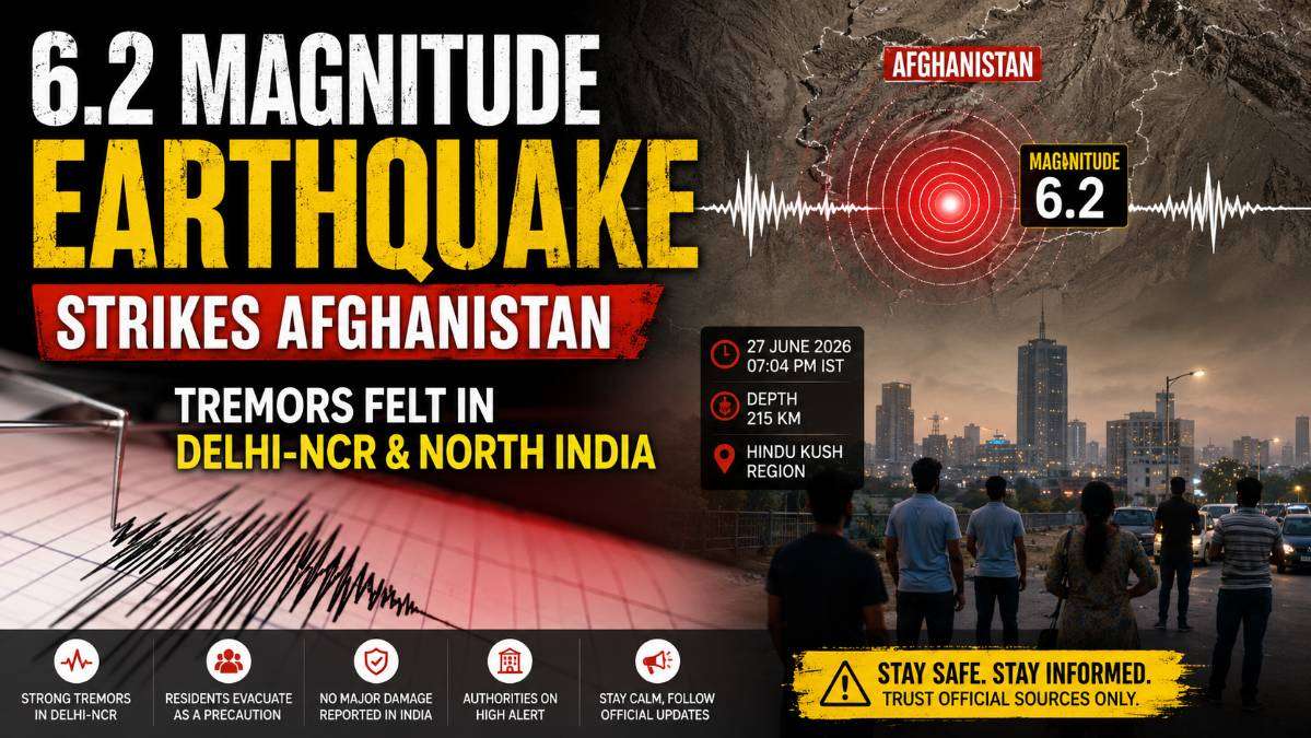 the 6.2 magnitude Afghanistan earthquake with the epicentre in the Hindu Kush region, highlighting tremors felt across Delhi-NCR and northern India, along with official earthquake details and public safety information.