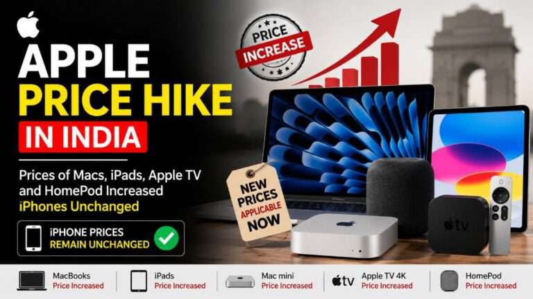 Apple's latest price increase in India for MacBooks, iPads, Mac mini, Apple TV 4K, and HomePod devices, while iPhone prices remain unchanged according to the official Apple India Store.