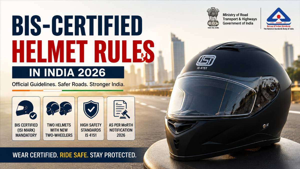 BIS-certified ISI helmet with official MoRTH and BIS helmet safety guidelines for India 2026, highlighting mandatory certified helmets, IS 4151 standards, and road safety regulations for two-wheeler riders.