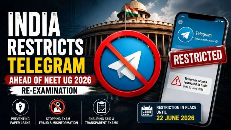 Illustration showing India's Parliament building and a restricted Telegram logo, representing the government's temporary restriction on Telegram ahead of the NEET UG 2026 re-examination to prevent misinformation and exam-related fraud.