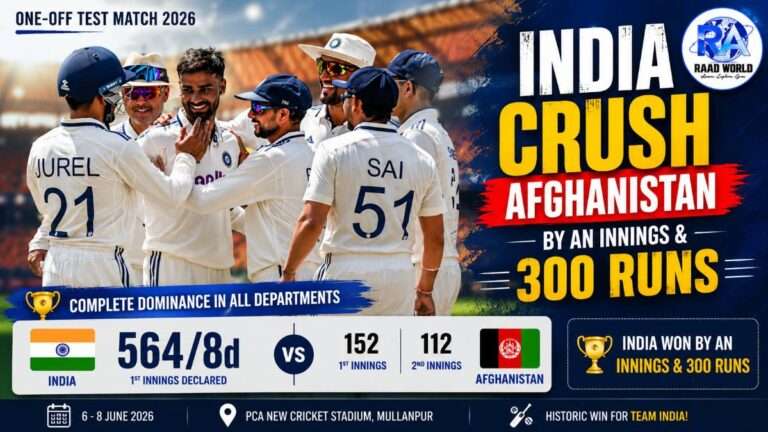 Indian cricket team celebrating after defeating Afghanistan by an innings and 300 runs in the 2026 one-off Test match