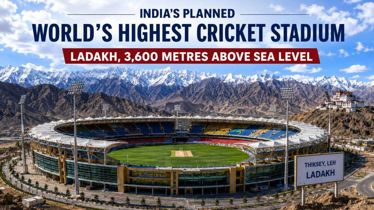 Conceptual illustration of India's proposed world's highest cricket stadium near Thiksey in Ladakh at approximately 3,600 metres above sea level, surrounded by the Himalayan mountains.