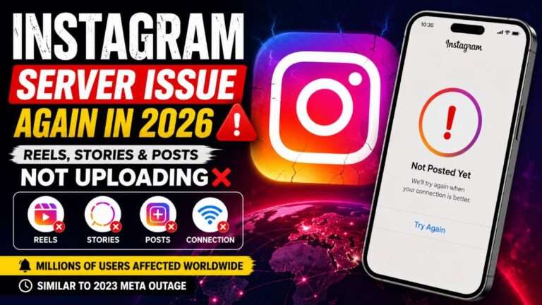 Instagram server issue 2026 featured image showing reels, stories, and posts not uploading due to Meta outage problems worldwide.