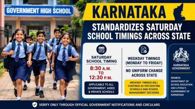 Students outside a government school in Karnataka illustrating the state's officially standardized Saturday school timings of 8:30 a.m. to 12:30 p.m. for government, aided, and private schools.