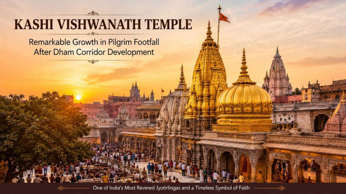 A panoramic view of Kashi Vishwanath Temple in Varanasi with devotees visiting the temple complex after the Kashi Vishwanath Dham Corridor redevelopment, highlighting improved pilgrimage infrastructure.