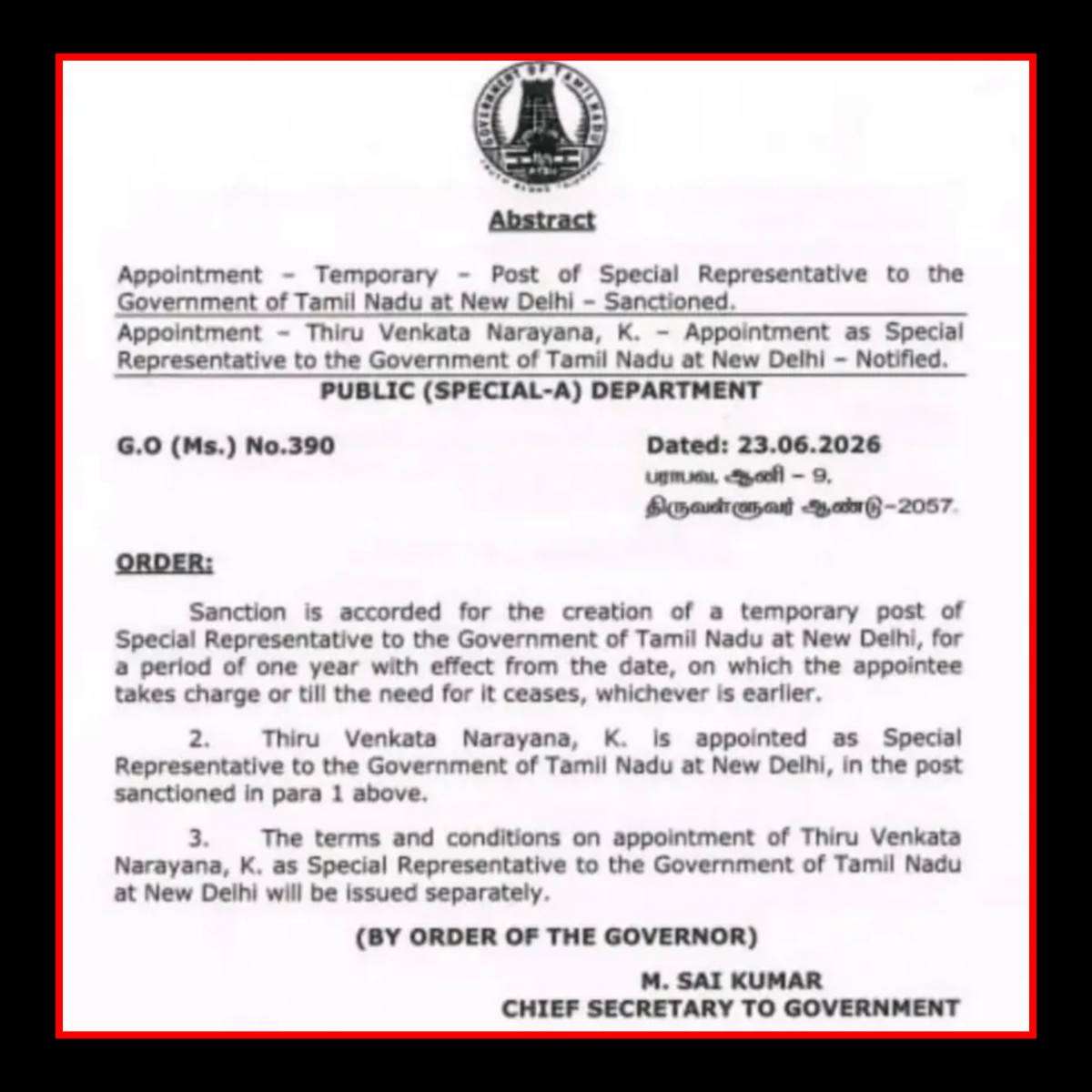 Official Government Order (G.O. Ms. No. 390) issued by the Tamil Nadu Government's Public (Special-A) Department on June 23, 2026, appointing K. Venkata Narayana as Special Representative to the Government of Tamil Nadu at New Delhi.