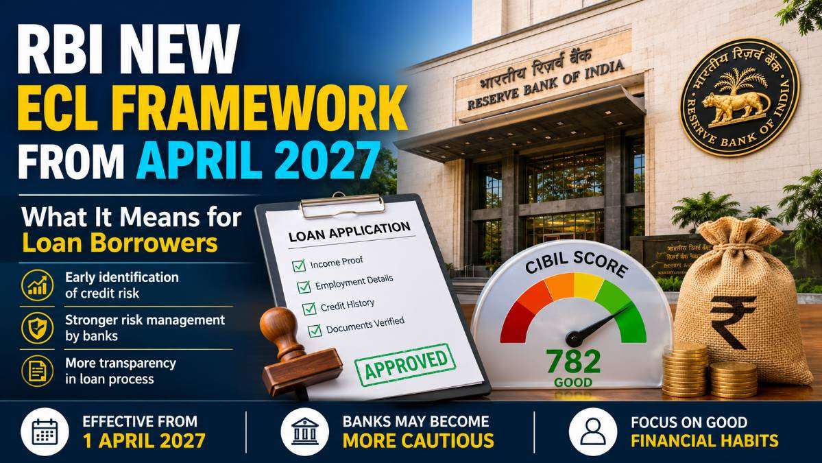 Featured image showing RBI’s new Expected Credit Loss (ECL) framework from April 2027 with loan approval documents, CIBIL score meter, RBI building, and financial risk management concept for Indian borrowers.