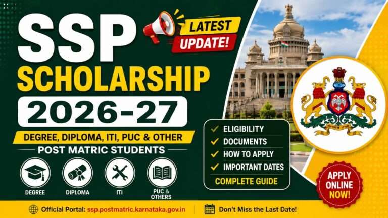 SSP Scholarship 2026-27 featured image showing Karnataka scholarship update for Degree, Diploma, ITI, PUC and Post-Matric students