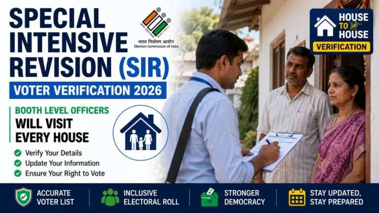 Booth Level Officer conducting a house-to-house voter verification visit during the Special Intensive Revision (SIR) 2026, helping residents verify and update their electoral roll information for accurate voter registration.