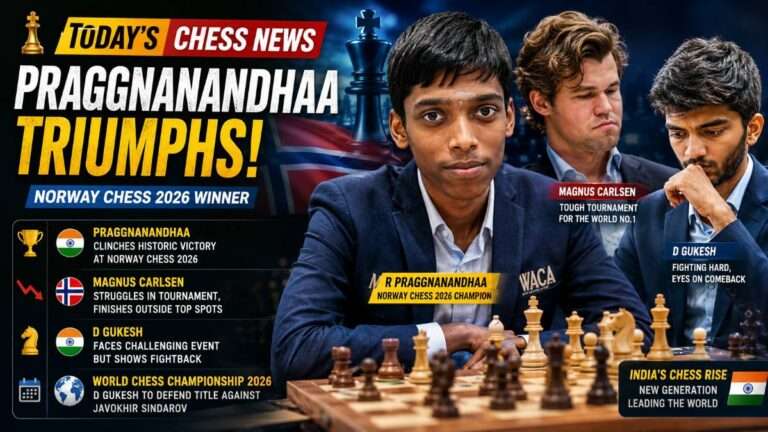 Featured image showing Indian chess star R Praggnanandhaa celebrating his Norway Chess 2026 victory alongside Magnus Carlsen and D Gukesh during a major international chess tournament.