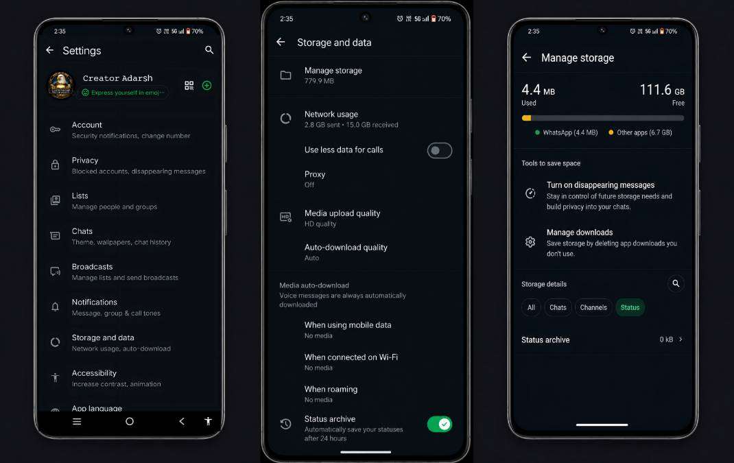 Screenshots showing WhatsApp Status Archive feature in Android settings, storage and data menu, and manage storage section with archive option enabled.