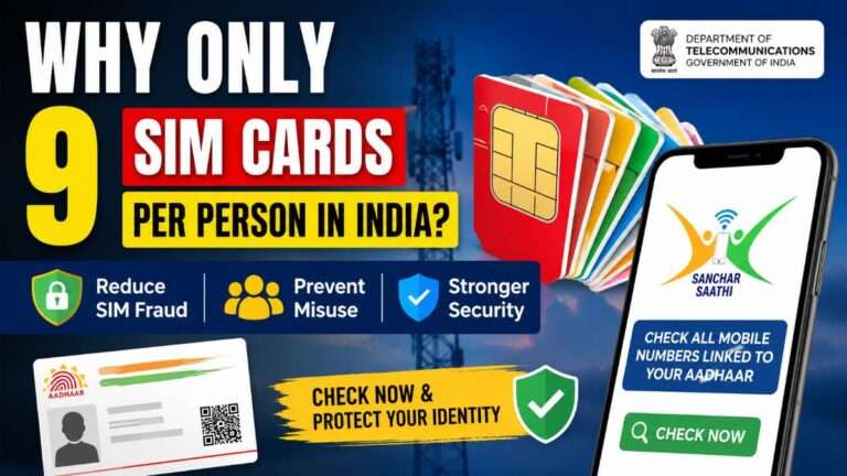 why India allows a maximum of 9 SIM cards per person, highlighting the Department of Telecommunications (DoT) rule, SIM fraud prevention, Aadhaar-linked mobile number verification, and the Sanchar Saathi portal for checking active SIM connections.
