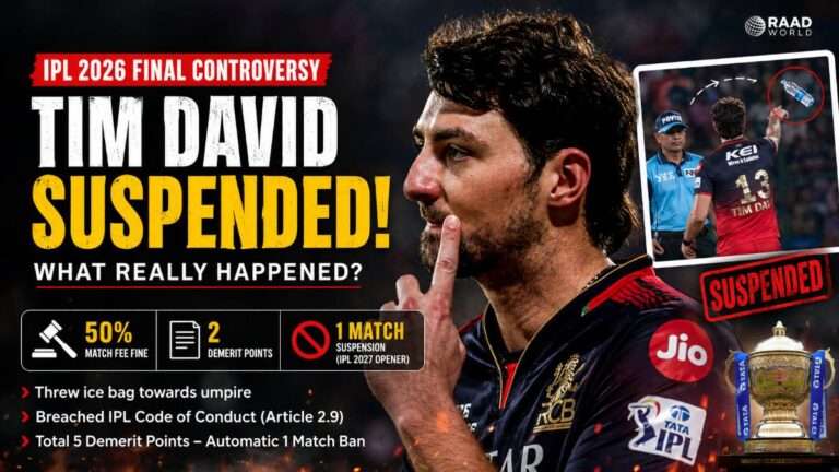 Tim David in RCB jersey during IPL 2026 Final controversy with suspension graphics, IPL trophy, and disciplinary punishment details shown in a dramatic sports news thumbnail.