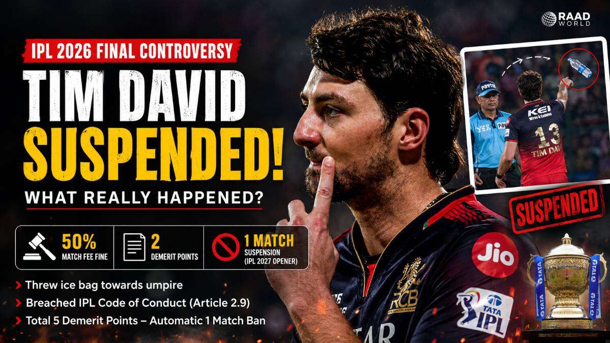 Tim David in RCB jersey during IPL 2026 Final controversy with suspension graphics, IPL trophy, and disciplinary punishment details shown in a dramatic sports news thumbnail.