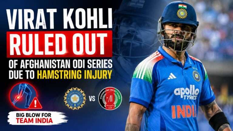 Virat Kohli in India jersey with breaking news text saying ruled out of Afghanistan ODI series due to hamstring injury