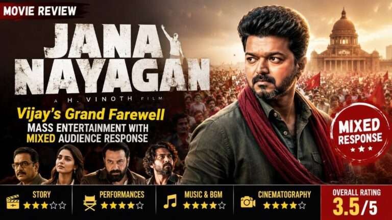 Jana Nayagan movie review featured image showing Vijay in a dramatic action-themed poster with the headline highlighting a grand farewell, mixed audience response, and review rating on a cinematic background.