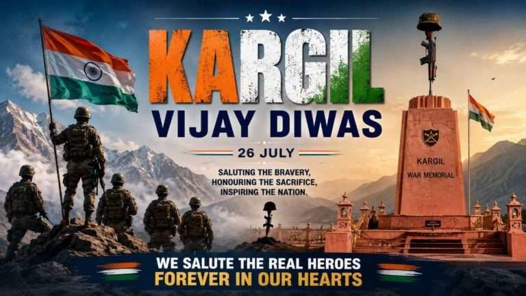 Featured image of Kargil Vijay Diwas 2026 showing Indian soldiers with the national flag, the Kargil War Memorial in Dras, and the Himalayan mountains, honouring the bravery and sacrifice of the Indian Armed Forces during the 1999 Kargil War.