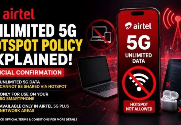 Airtel Unlimited 5G hotspot policy illustration showing a 5G smartphone with a hotspot blocked symbol, highlighting that Unlimited 5G data cannot be shared via mobile hotspot according to Airtel's official policy.