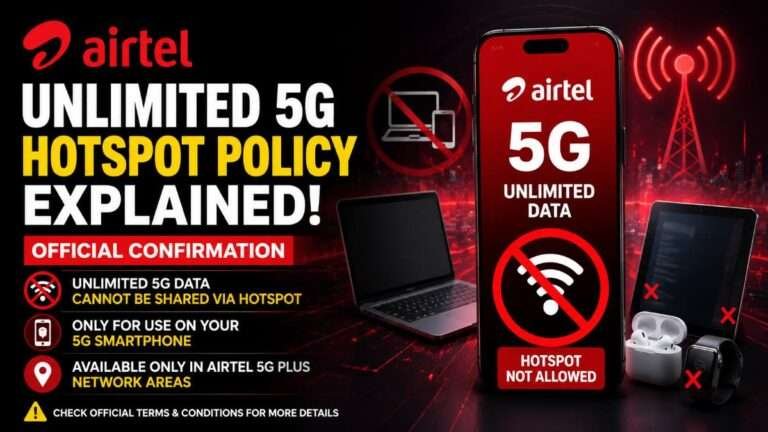 Airtel Unlimited 5G hotspot policy illustration showing a 5G smartphone with a hotspot blocked symbol, highlighting that Unlimited 5G data cannot be shared via mobile hotspot according to Airtel's official policy.