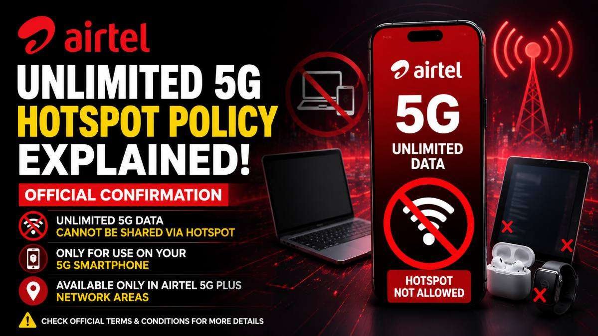 Airtel Unlimited 5G hotspot policy illustration showing a 5G smartphone with a hotspot blocked symbol, highlighting that Unlimited 5G data cannot be shared via mobile hotspot according to Airtel's official policy.