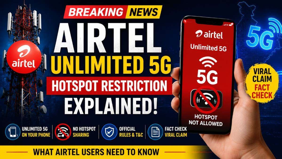 Airtel Unlimited 5G hotspot restriction explained with a telecom tower, Airtel branding, 5G smartphone, hotspot not allowed symbol, and fact check on the viral claim.