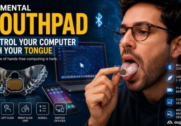 Augmental MouthPad Bluetooth mouthpiece allowing hands-free computer control with tongue movements, shown alongside a laptop and smartphone to demonstrate accessibility technology.