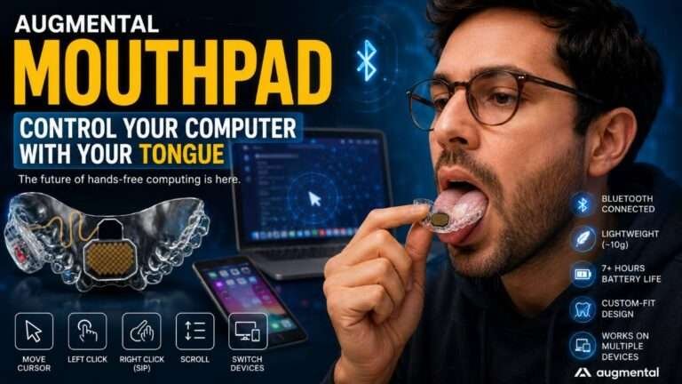 Augmental MouthPad Bluetooth mouthpiece allowing hands-free computer control with tongue movements, shown alongside a laptop and smartphone to demonstrate accessibility technology.
