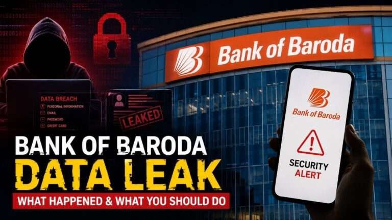 Featured image showing the Bank of Baroda headquarters, a hooded hacker silhouette, and a smartphone displaying a security alert, illustrating the bank's confirmed cybersecurity incident and ongoing investigation into a reported customer data breach.