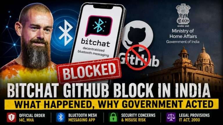 BitChat app, GitHub logo, Ministry of Home Affairs, and Jack Dorsey representing the Indian government's reported action to remove BitChat GitHub repositories over security concerns and Bluetooth mesh messaging.