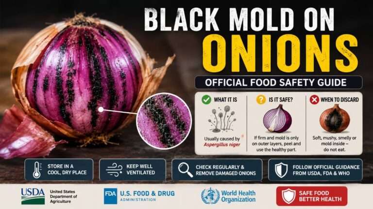 Black mold on onions explained with official food safety guidance, showing Aspergillus niger, safe handling tips, proper storage methods, and when to discard spoiled onions.