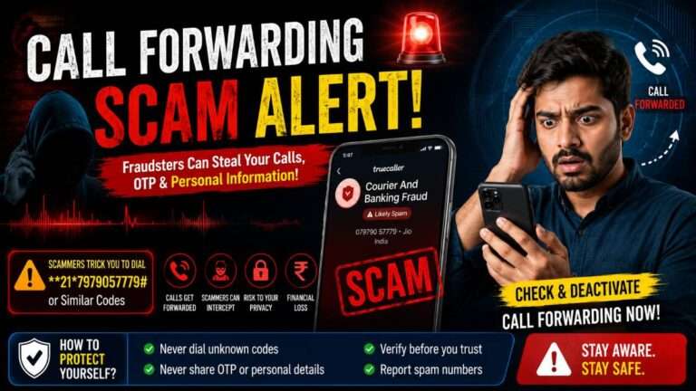 Call Forwarding Scam awareness featured image showing a spam phone call, Truecaller fraud alert, suspicious call forwarding code example, and mobile security tips to protect users from banking and courier scams.
