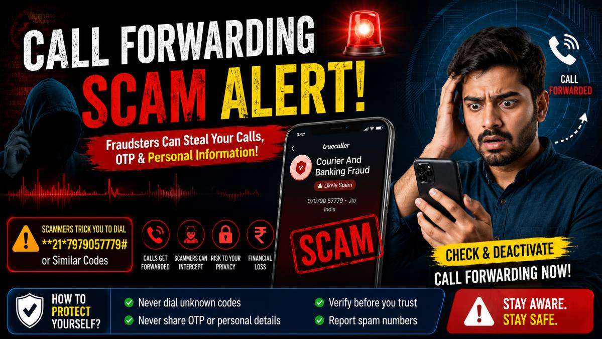 Call Forwarding Scam awareness featured image showing a spam phone call, Truecaller fraud alert, suspicious call forwarding code example, and mobile security tips to protect users from banking and courier scams.