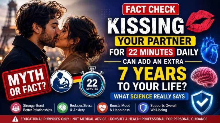 Featured image showing a couple kissing with a fact-check design asking whether kissing your partner for 22 minutes every day can add seven years to your life, based on scientific research and official sources.