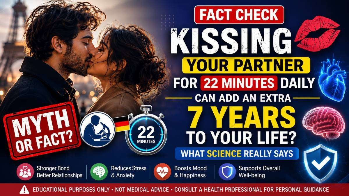 Featured image showing a couple kissing with a fact-check design asking whether kissing your partner for 22 minutes every day can add seven years to your life, based on scientific research and official sources.