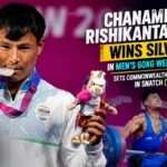 Chanambam Rishikanta Singh celebrates after winning the silver medal in the men's 60kg weightlifting event at the Glasgow 2026 Commonwealth Games, setting a new Commonwealth Games snatch record with a 121kg lift.