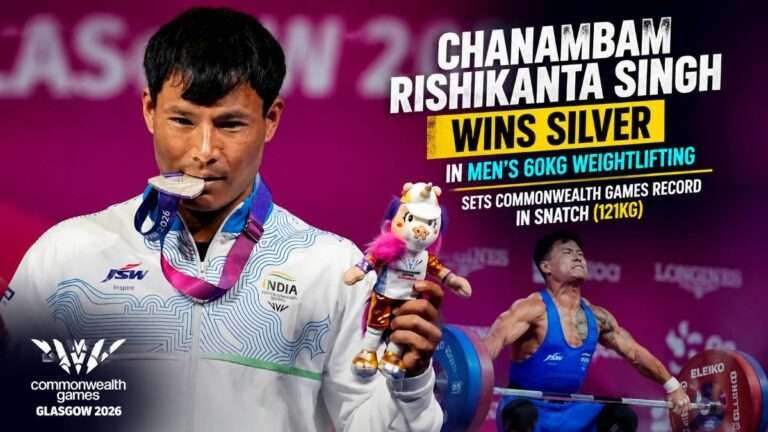 Chanambam Rishikanta Singh celebrates after winning the silver medal in the men's 60kg weightlifting event at the Glasgow 2026 Commonwealth Games, setting a new Commonwealth Games snatch record with a 121kg lift.