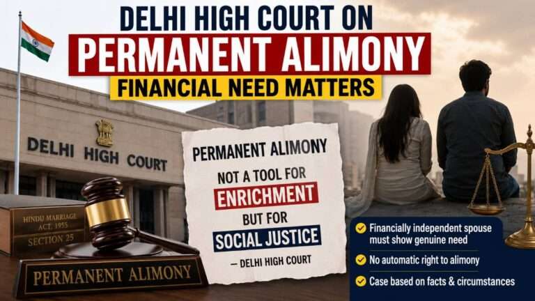 Delhi High Court permanent alimony judgment explaining that genuine financial need matters and alimony is for social justice, not enrichment.