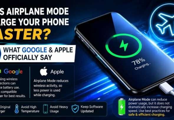 Does Airplane Mode charge your phone faster? Smartphone charging with Airplane Mode icon, battery indicator, and official Google and Apple battery guidance concept.