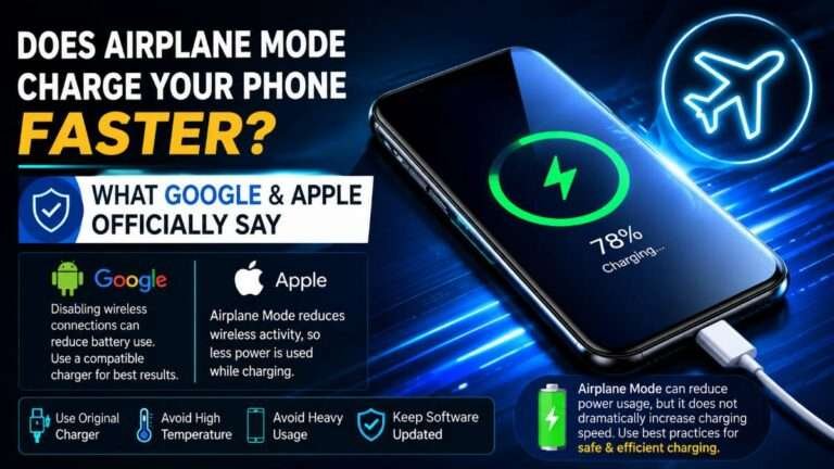 Does Airplane Mode charge your phone faster? Smartphone charging with Airplane Mode icon, battery indicator, and official Google and Apple battery guidance concept.