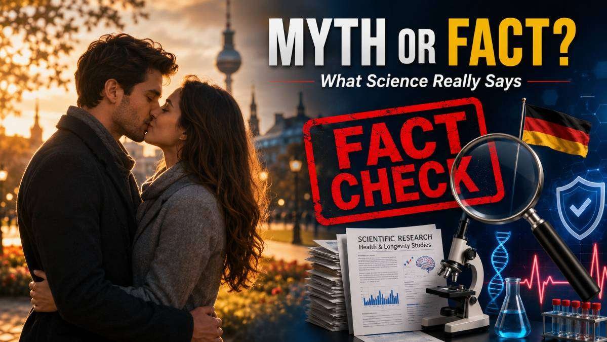 Editorial illustration showing a couple kissing alongside a fact-check design examining the viral claim that kissing for 22 minutes daily adds seven years to life using scientific evidence.