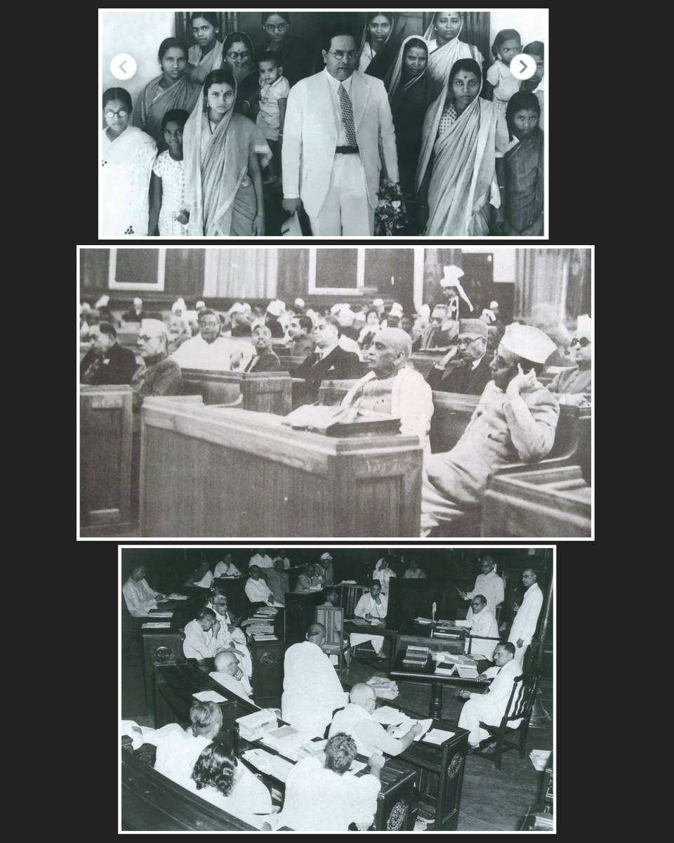 Historic collage featuring Dr. B.R. Ambedkar with women supporters and archival photographs of Parliament debates on the Hindu Code Bill, highlighting women's rights reforms and India's early legislative history.