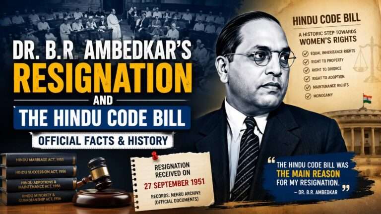 Dr. B.R. Ambedkar's resignation as India's first Law Minister explained through the Hindu Code Bill, women's rights reforms, official historical facts, Parliament background, and 1951 timeline.