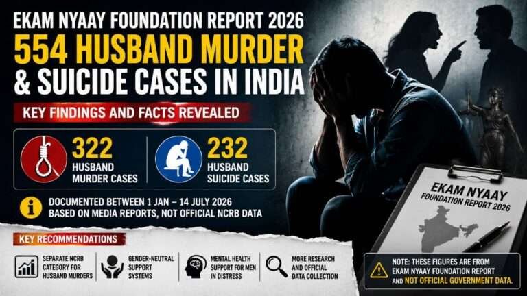 Ekam Nyaay Foundation 2026 report documenting 554 husband murder and suicide cases in India based on media reports, including 322 documented husband murders and 232 husband suicides. Image credits: AI Generated | RAAD WORLD.